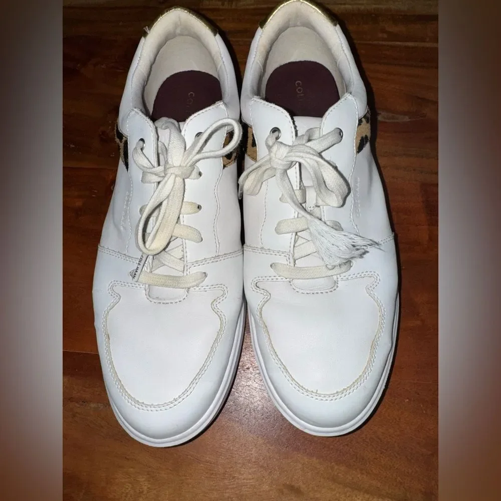 Cole Haan GrandPro Leather Sneakers Leopard Trim White Gold 10.5B
